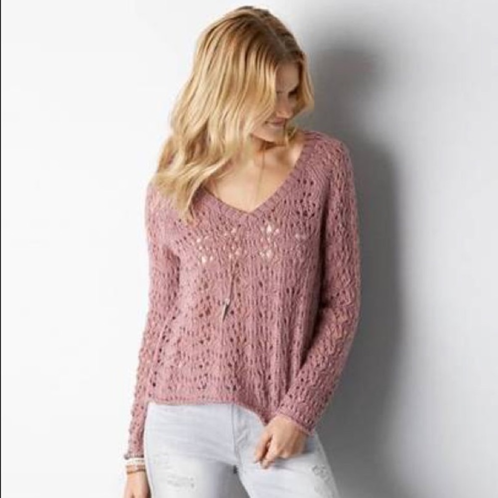 AEO Open Knit V-Neck Sweater in Rose